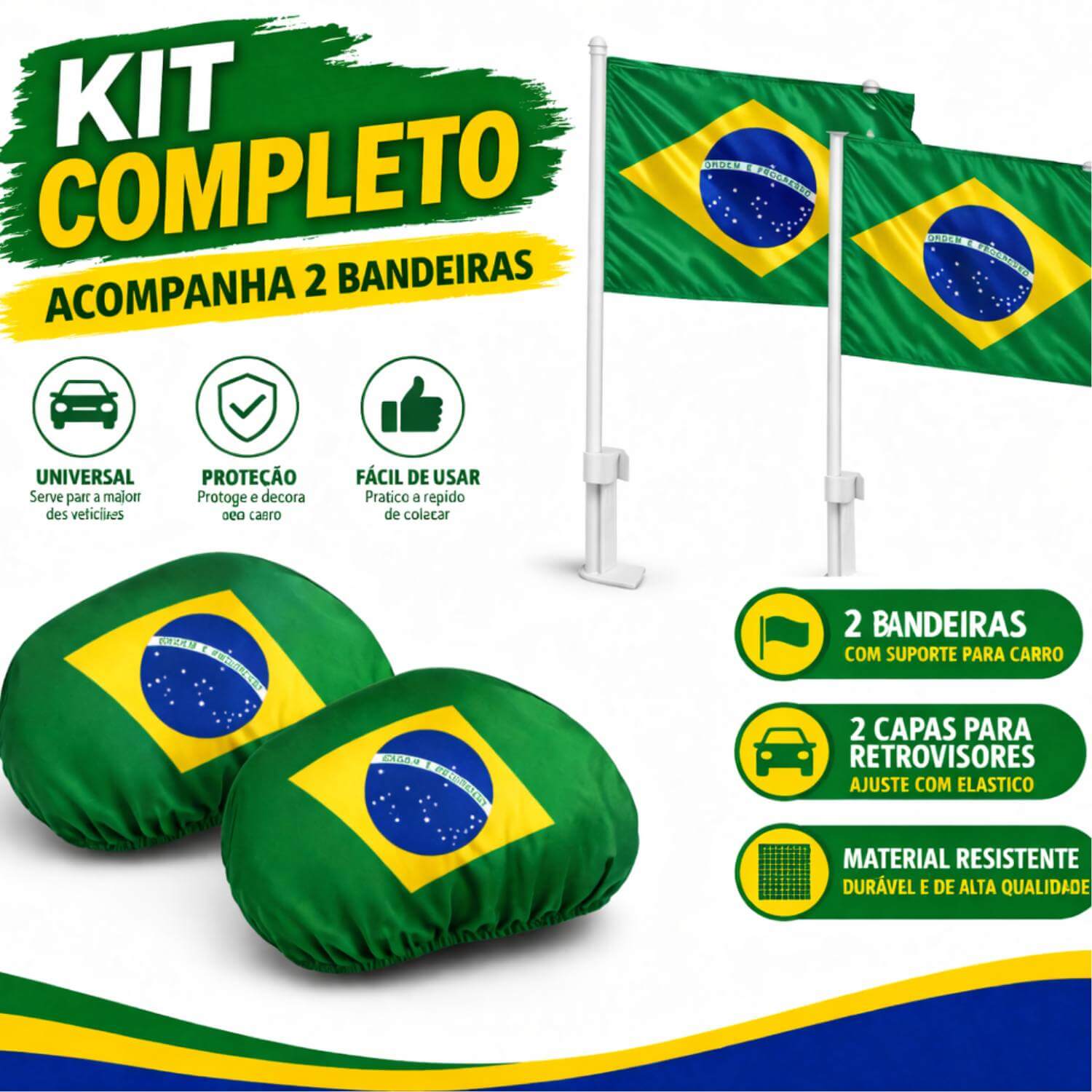 Kit Capa de Retrovisor Brasil + Bandeira do Brasil para Carro